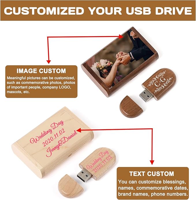 Wood USB Flash Drive Custom Logo USB Jump Drive 1GB/2GB/4GB/8GB/16GB/32GB/64GB/ Engraved Wood USB Memory Stick Thumb Drive with Box for Wedding/Couple/Parents - 5 Wood Types Optional(Oval Shape)