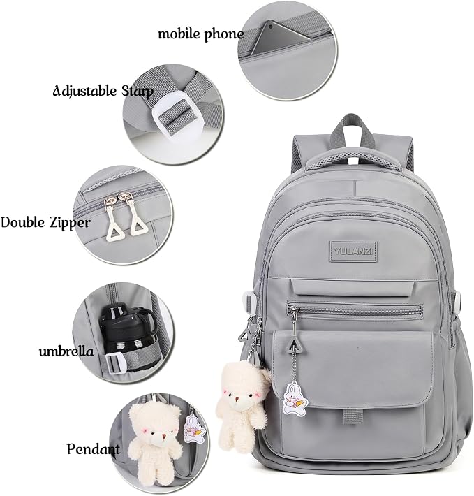 PRLINJSK Girls Backpack for College High Middle School Student, Cute Aesthetic Bookbag for Teens Women with Accessories,Grey