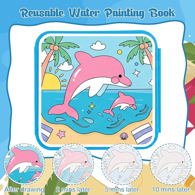 6 Pack Water Painting Book for Toddlers, No Mess Water Coloring Book 7.9x7.9in, Coloring Fun Water Drawing Books Reusable Travel Activity Toys Party Favors Classroom Rewards Gift for Kids Ages 3-6