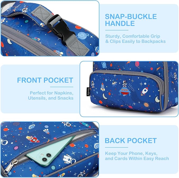 FlowFly Kids Lunch box Insulated Soft Bag Mini Cooler Back to School Thermal Meal Tote Kit for Girls, Boys, Astro&Rocket