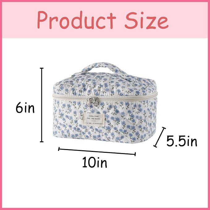 uekeboag Large Travel Quilted Makeup Bag for Women | Soft Floral Cotton Cosmetic Bag, Foldable Coquette Aesthetic Toiletry Organizer