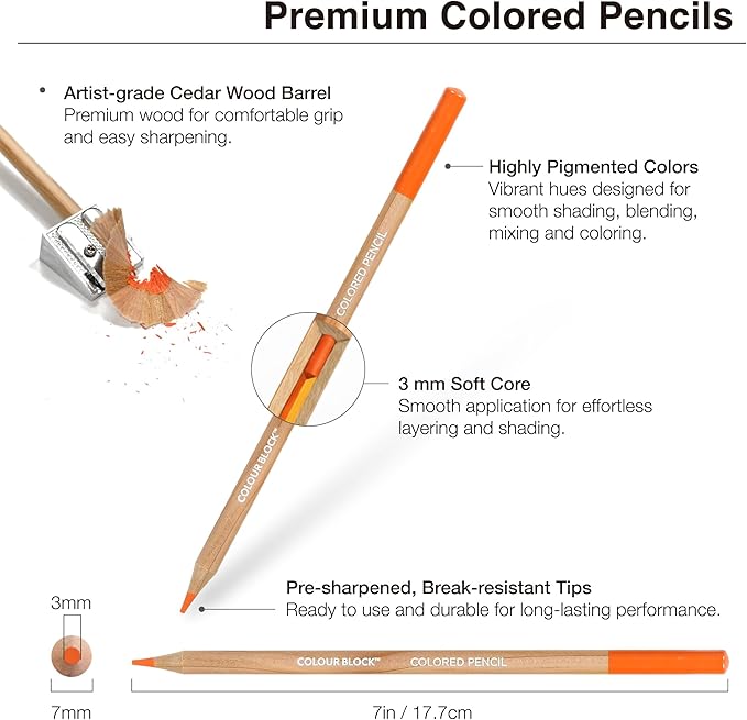 COLOUR BLOCK Drawing Travel Art Set - 60 sheets 6 x 8 Inches Drawing Pad,16 wood Colored Pencils, 12 Soft Pastels Set, 2 Sketching Pencils, and 8 Assorted Tools