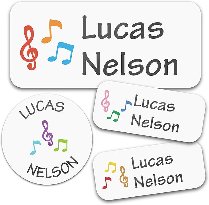Bunny Badges Personalized Daycare Name Labels for Kids (130 Labels) - Custom Waterproof Name Stickers for Clothing Tags, Water Bottles, Lunch Boxes and School Supplies (Music)