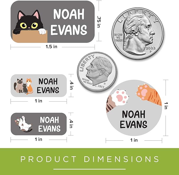 Personalized Daycare Name Labels for Kids, (130 Pack) Waterproof Custom Name Stickers for Clothing Tags, Lunch Boxes and School Supplies, Made in USA by MSC -Cats