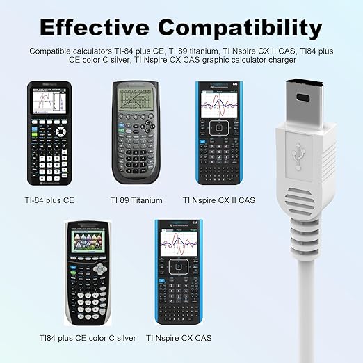 Toxaoii USB Power and Data Cable Compatible with Texas Instruments Calculators TI-84 Plus CE, TI 89 Titanium, TI Nspire CX II CAS, TI Nspire CX CAS Graphing Calculator Charger White