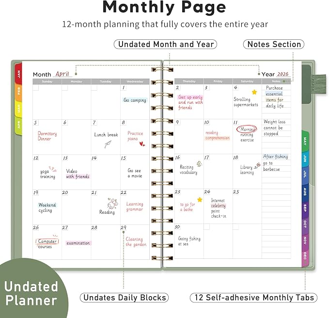 EMSHOI Undated Planner, Weekly and Monthly Calendar, 53 Weeks and 12 Months, A5 (6.38" x 8.35"), 100GSM Thick Paper, PVC Cover, Monthly Tabs, Note Pages, Start Anytime