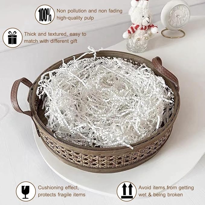 LYARCHTE Crinkle Paper Filler 5.2 oz, Crinkle Cut Paper Shred Filler Shredded TissueRaffia Grass Paper for Gift Basket Packing Bag Filler (White)