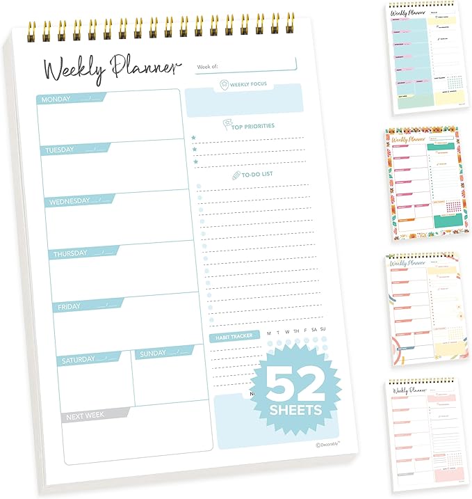 Decorably 52 Sheets Blue Undated Weekly Planner Notepad - 6.5x10in Spring-Bound, Easy Tear-Off Design, with Focus, Priorities, to-do List, Habit Tracker & Notes - Home, School, Office