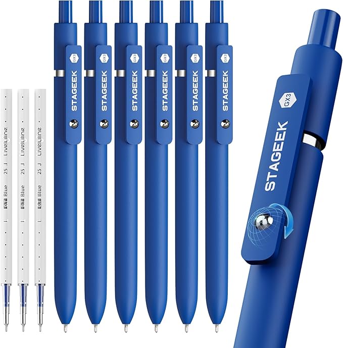 STAGEEK GX3 Blue Gel Pens, 6Pcs Quick Dry Smooth Writing Pen with 3 Refills | Blue Ink Pens, 0.7mm Fine Point, Retractable, Office, School Supplies, Journaling & Note Taking, for Nurses, Teachers