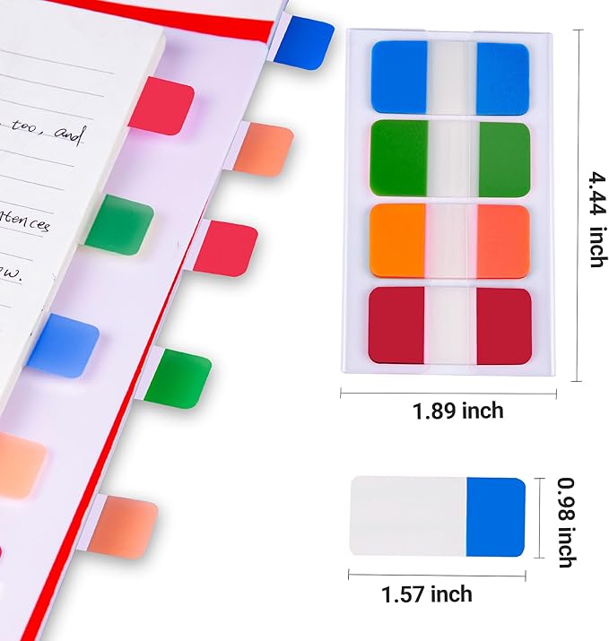 Golcellia 400 Pieces Sticky Index Tabs Transparent Sticky Notes, Colored Page Markers for Bookmarks, Writable and Repositionable Index Annotation Tabs（4 Colors）