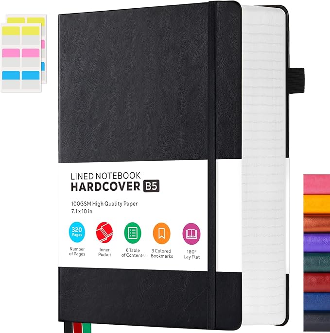 FOCUS DAY Journal Notebooks College Ruled, Thick Notebook Journal with 100GSM Paper, B5 Large Lined Notebook Journal for Women & Men, 7.1'' X 10'', 320 Pages, Black Leather Notebook