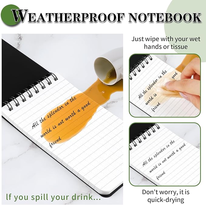 COIDEA Waterproof Notebook, 4 Pack Top-Spiral Pocket Notepad, 3" x 5" Weatherproof NotePad, All Weather Police Pocket Notebook Little Memo Steno Note Pads for Outdoor Office School Recording, Black