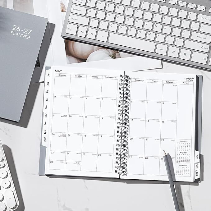 2026-2027 Planner/Calendar - Academic Planner 2026-2027, Planner Weekly and Monthly, July 2026 - June 2027, A5(6" x 8.4"),Grey, Planner Book with Tabs, Strong Twin-Wire Binding, Inner Pocket, Ideal for Office School Supplies, Enterprise