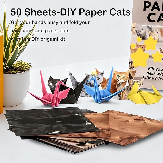 DIY Paper Cats Origami Kit - 50 Sheets DIY Paper Origami to Fold Your Own Cute Cat Figures - Perfect Desk Origami Cats Decoration & Creative Gift for Kids, Adults & Cat Lovers