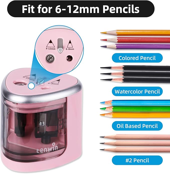 tenwin Electric Pencil Sharpener for Colored Pencils, Battery Operated Pencil Sharpeners for No.2 and 6-12mm Pencils, Dual Hole for Office School Artists Adults Kids Use（Pink）