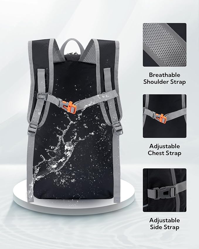 WATERFLY Hiking Packable Daypack Backpack: 25L Ultra Lightweight Day Pack for Women Men - Small Compact Folding Back Pack for Outdoor Sport Cycling Camping Travel Trip - Black