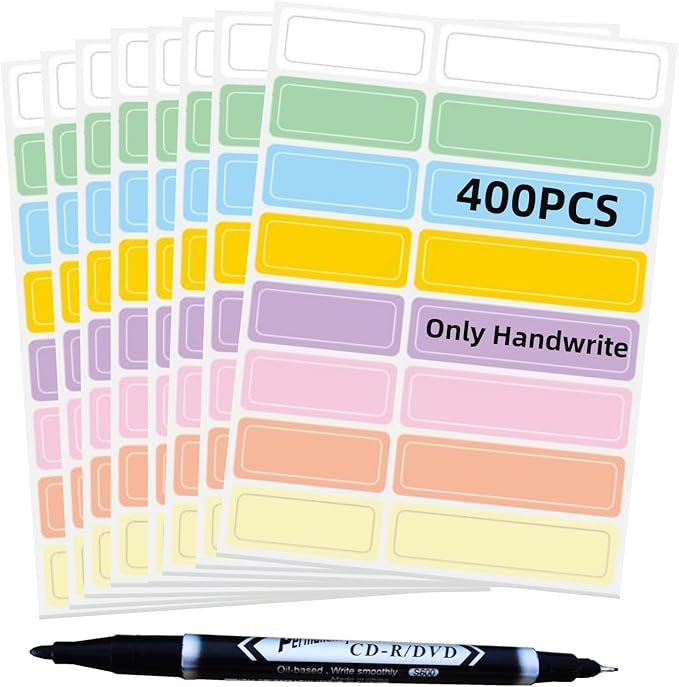 Assorted Colors Waterproof Removable Labels - 400PCS with Pen Adhesive Name Label Stickers for Water Bottles,Baby Daycare,Kids School Supplies,Home Office Organization