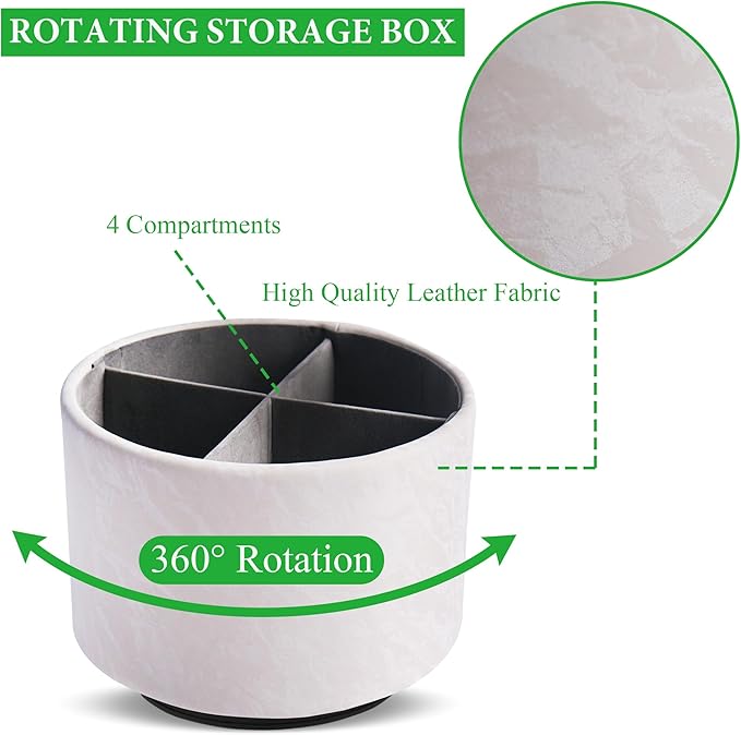 Round Leather Art Supply Organizer,Remote Control Holder,360 Degree Spinning,Multi-Functional Pencil Holder,4 Compartments Desktop Stationary Organizer(1-Hill White)