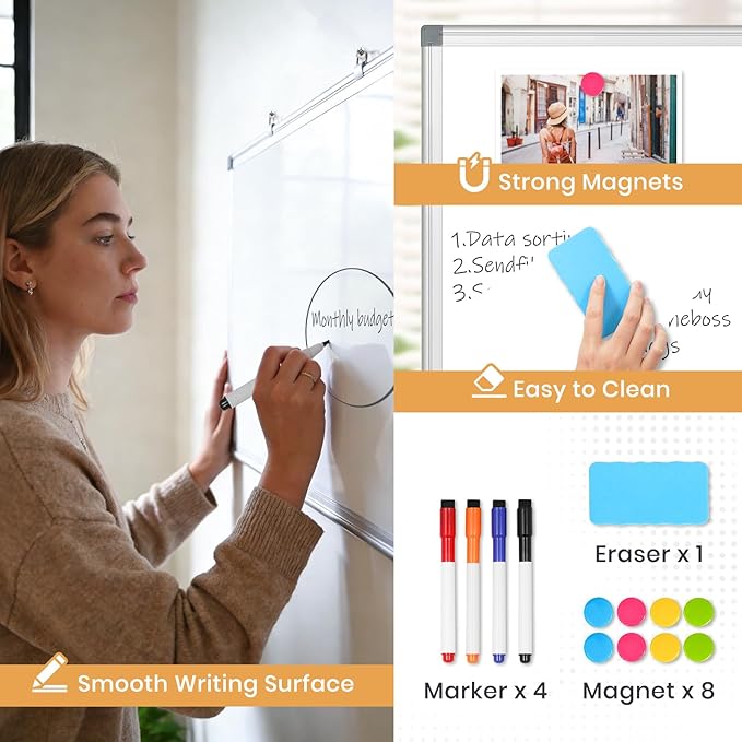 Double Sided Magnetic White Board, 48"x36" Dry Erase Whiteboard for Wall with Aluminum Frame Large Presentation Board for School, Office and Home