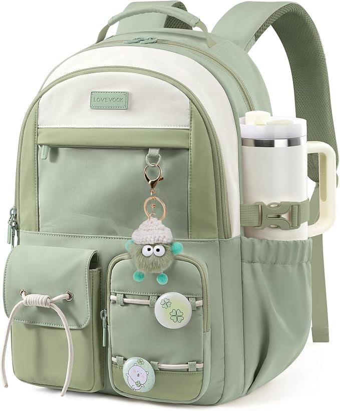 LOVEVOOK School Backpack for Girls Ages 8-16，Cute Student Bookbag for Teen Girls Kids Back to School with Cup Holder, DIY Ita Bag Fit 15.6 Inch Laptop for Elementary & Middle School