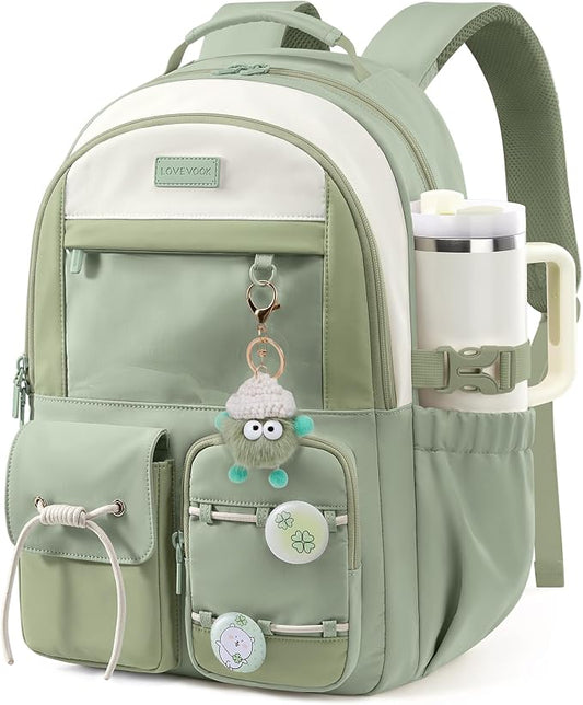 LOVEVOOK School Backpack for Girls Ages 8-16，Cute Student Bookbag for Teen Girls Kids Back to School with Cup Holder, DIY Ita Bag Fit 15.6 Inch Laptop for Elementary & Middle School