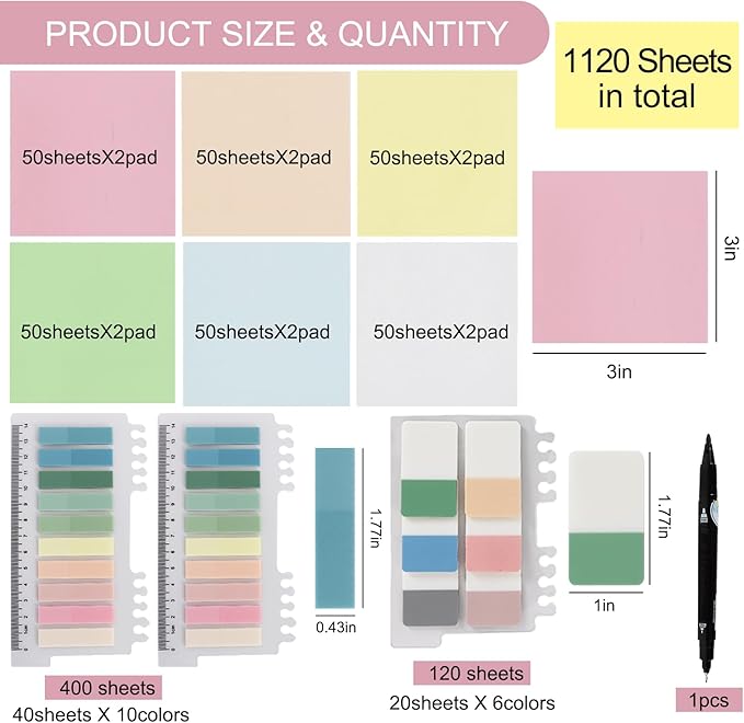 Vuzvuv 1120 Sheets Transparent Clear Sticky Notes with Pen,3x3 Inch Bulk Translucent Sticky Notes Set for Bible Tabs, Book Tabs, Office School Supplies(Light Rainbow)