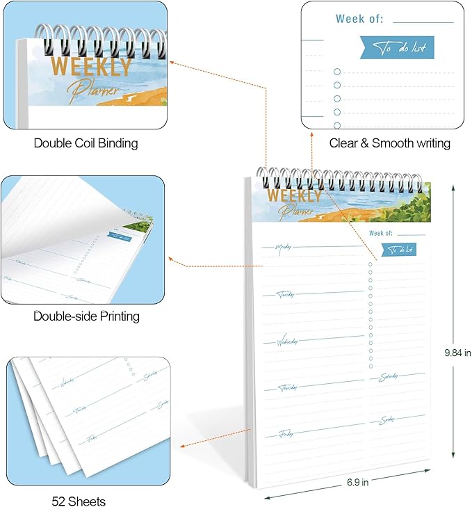 Weekly Planner Notebook, To Do List Notepad with 52 Undated Sheets 6.9"×9.8" - Weekly Organizer for Women & Man, Work, Study, and Daily Life, B5-LB