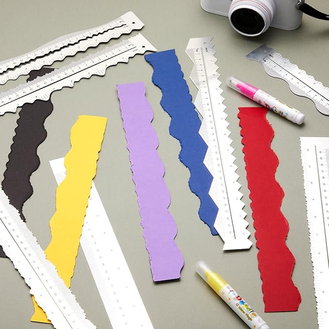 Henoyso 7 Pcs Metal Paper Tearing Ruler Deckle Edge Craft Stainless Steel Paper Cut Tool 12 Inch Irregular Edges Ruler Measurements Tool with 2 Watercolor Pen for Craft School Scrapbook