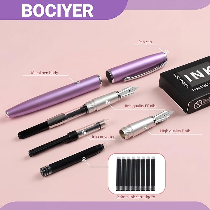 Super Smooth Writing Fountain Pen Set,Includes 2 Hand Polished Iridium Nibs(Fine & Extra Fine),8 Ink Cartridges,2 Ink Refill Converter and Gift Box,Best Pen Gift Set for School,Office(Purple)