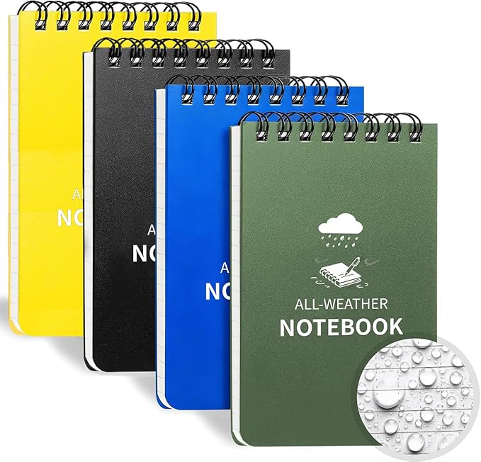 Waterproof Notebook, 4 Pack Pocket Notepad, 3" x 5" Top-Spiral Weatherproof NotePad, All Weather Police Pocket Notebook Mini Memo Steno Note Pads for Outdoor Office School Recording, Multicolor