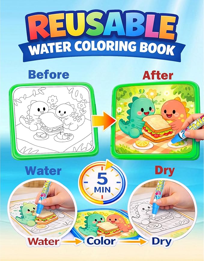 K'ONLE Reusable Water Coloring Books for Toddlers, Clean & Easy Painting & Doodle Book Toys for Kids Ages 1-3, 2-4 | Paint with Water Activity Book, Travel Gift for Boys & Girls-2 Pack