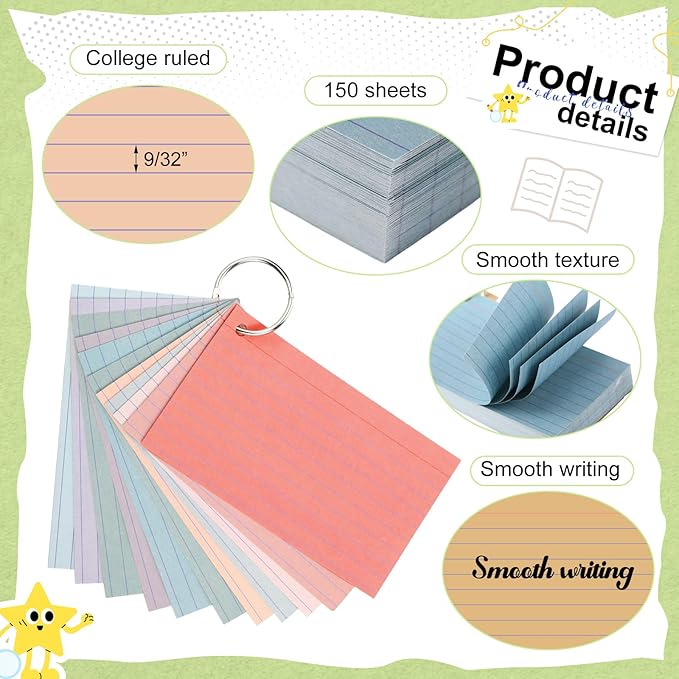12 Pack Colored Index Cards with Key Ring 3 x 5 Inch 1800 Count Portable Flash Cards College Ruled Lined Flashcards Notepad Aesthetic Notecards for Note Taking Learning Studying Office