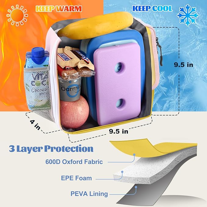 CaCTOUR Lunch Box Kids,Fun Color Lunch Box for Girls,Large Soft Cooler Lunch Bag for Kids,Back to School Thermal Insulated Lunch Tote Bag for School Daycare Outdoor (Yellow Pink)