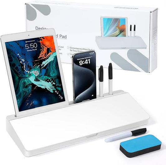 KVY Desk Whiteboard with Storage,Desktop Glass Dry Erase White Board Organizers Supplies with Accessories for Office, Home, School Essentials (White)