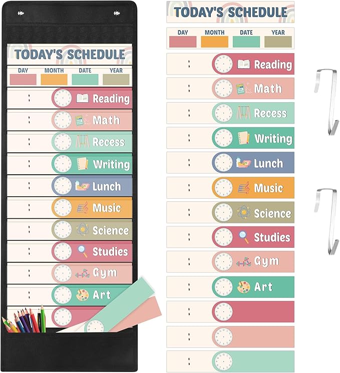 Pasimy Daily Schedule Pocket Chart with 31 Reusable Cards and 14 Pockets Classroom Decor Farmhouse Schedule Charts for School Office Home Educational Activity (Rainbow)