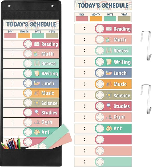 Pasimy Daily Schedule Pocket Chart with 31 Reusable Cards and 14 Pockets Classroom Decor Farmhouse Schedule Charts for School Office Home Educational Activity (Rainbow)