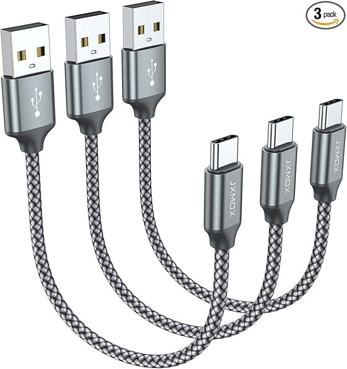 JXMOX Short USB C Cable (0.5ft 3-Pack), USB A to Type-C Charger Cord 3.1A Fast Charging Compatible with iPhone 15 16 Pro Max, Samsung Galaxy S20 S10 S9, Note 10 9, A80 A70 A50 A40, Power Bank (Grey)