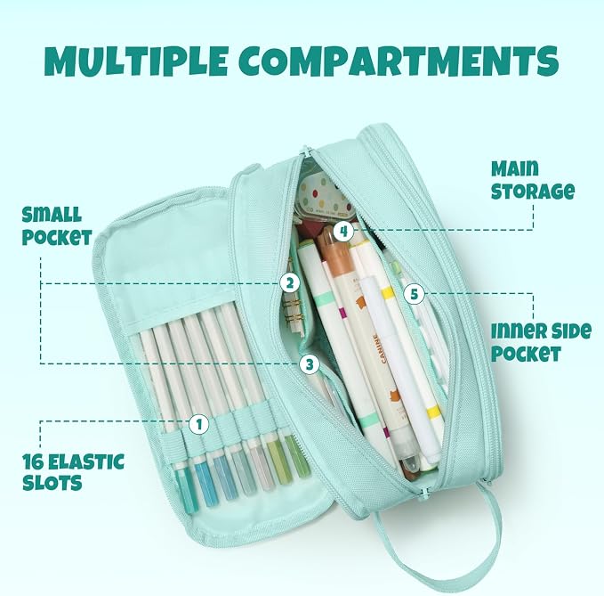 SUNEE Large Capacity Pencil Case with 3 Compartment, Extra Big Pencil Pouch, Pencil Bag with Clear Window, Pen Case School Supplies for Teens Adults Girls Boys, Mint Green
