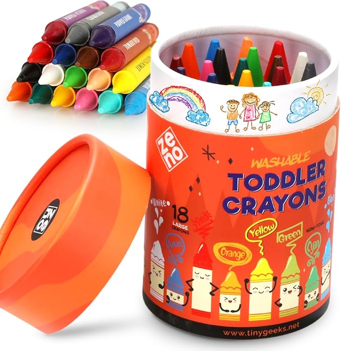 ZENO 18-Color Jumbo Crayons – Non-Toxic and Washable for Toddlers (1-3) & Kids (4-8) – Easy-to-Hold Large Crayons, Perfect for Travel, Art, and Early Childhood Activities
