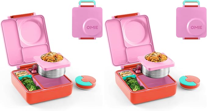 Omie OmieBox Kids Insulated Leakproof Bento Lunch Box with Food Jar (Pink Berry) (Pack of 2)