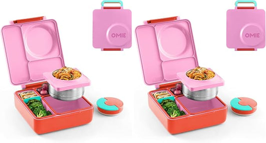 Omie OmieBox Kids Insulated Leakproof Bento Lunch Box with Food Jar (Pink Berry) (Pack of 2)