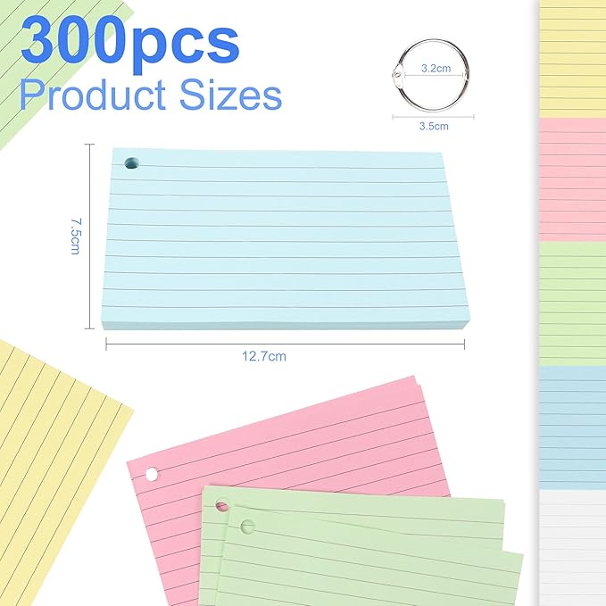 JUNART 300 PCS Index Cards, 6 Colours × 50 Sheets Kraft Cover Sturdy and Long-lasting, With 6 Key Binder Rings for Easy Carrying, Suitable for Study and Office Use