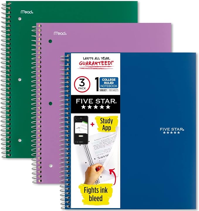 Five Star Spiral Notebooks with Pockets + Study App, 3 Pack, 1-Subject, College Ruled Paper, 11” x 8-1/2", 100 Sheets, Forest Green, Amethyst Purple and Pacific Blue (38456)