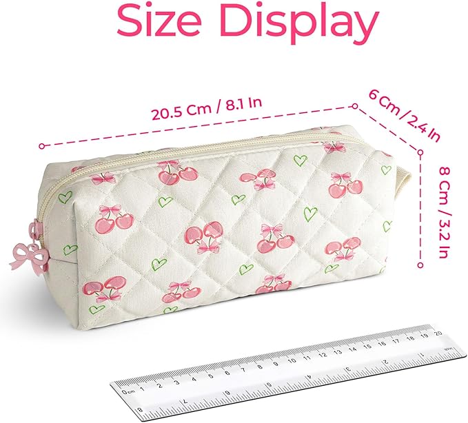 Cute Quilted Pencil Case for Girls Women, Aesthetic Small Floral Pencil Pouch,Slim Soft Pencil Bag for School Supplies Makeup Pouch for School & Daily Use (Cherry Heart)