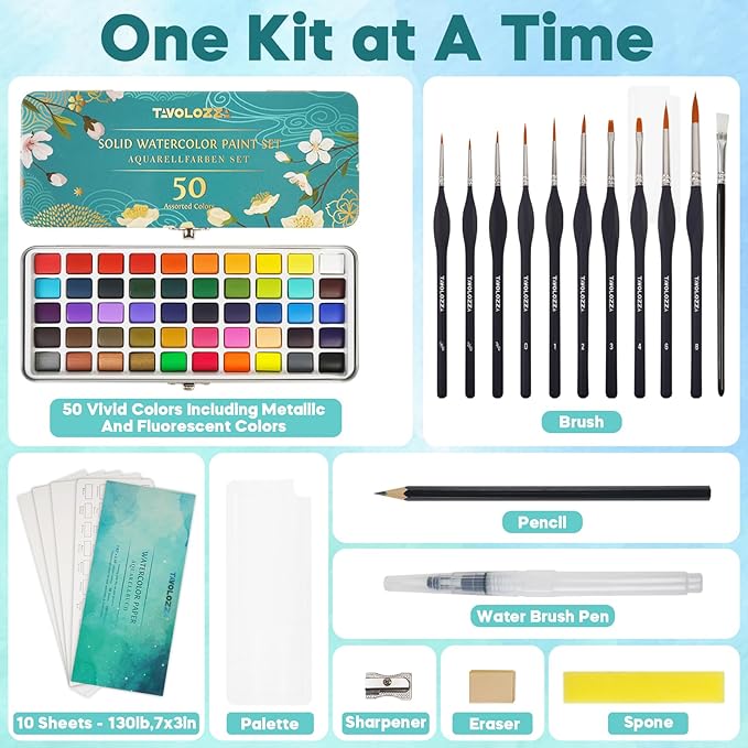 TAVOLOZZA 50 Colors Watercolor Paint Set, Including Metallic & Fluorescent Colors, Travel Watercolor Set with Brushes, Watercolor Paper, Sponge and Accessories, Ideal Art Supplies for Adults Starter Artists