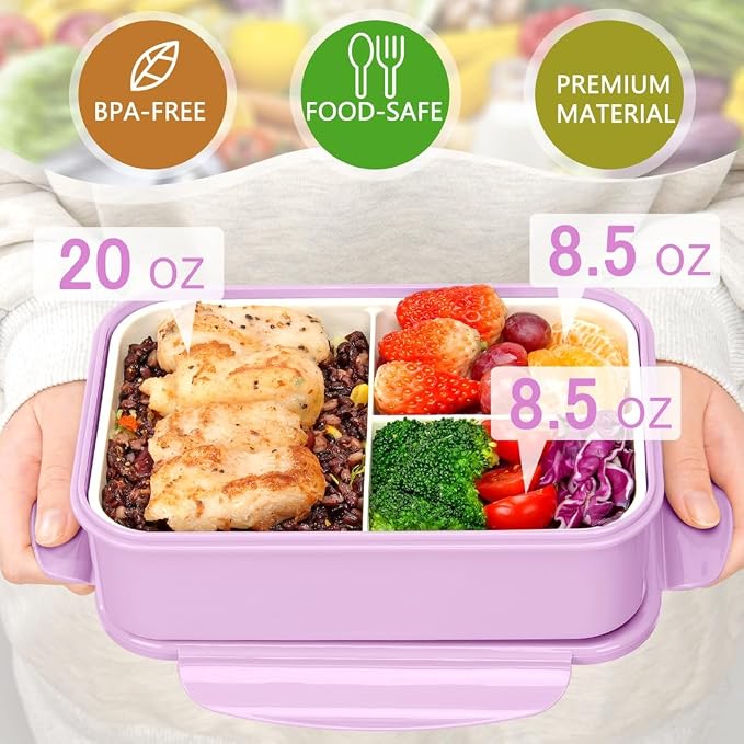 LOVINA Bento Box for Adults - 1100 ML Lunch Box Container For Kids Teens | Built-in Spoon & Fork - Durable for On-the-Go Meal, BPA-Free and Food-Safe Materials(Light Purple)