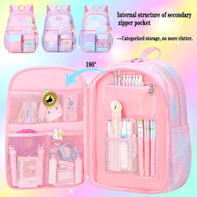 Jcobvig Rainbow Backpack For Girls Kids,Cute Student School Backpack With Pen Bag,Aesthetic Starry Rainbow Laptop Travel Bag