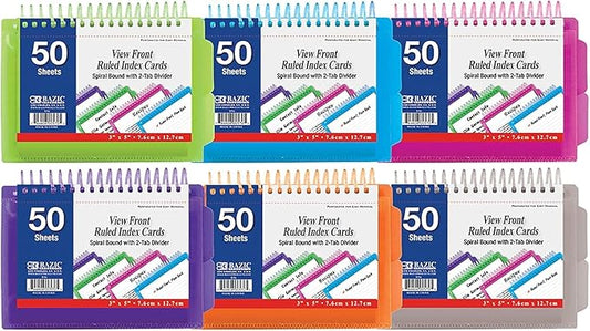 BAZIC Products Ruled Index Cards Book 3" X 5", View Poly Cover Spiral Bound Memo w/ 2 Tab Divider, White Flashcards, Lined Card for Memory (50/Pack), 6-Packs