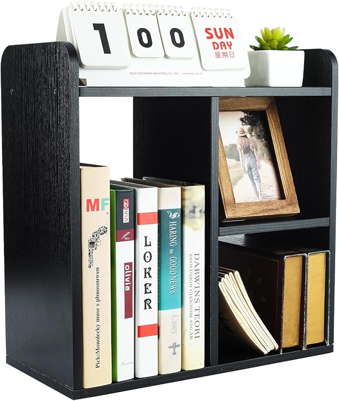 PAG Desktop Shelf Freestanding Wood Small Bookshelf Desk Supplies Organizers and Accessories Storage Display Rack Office Decor for Women, Black