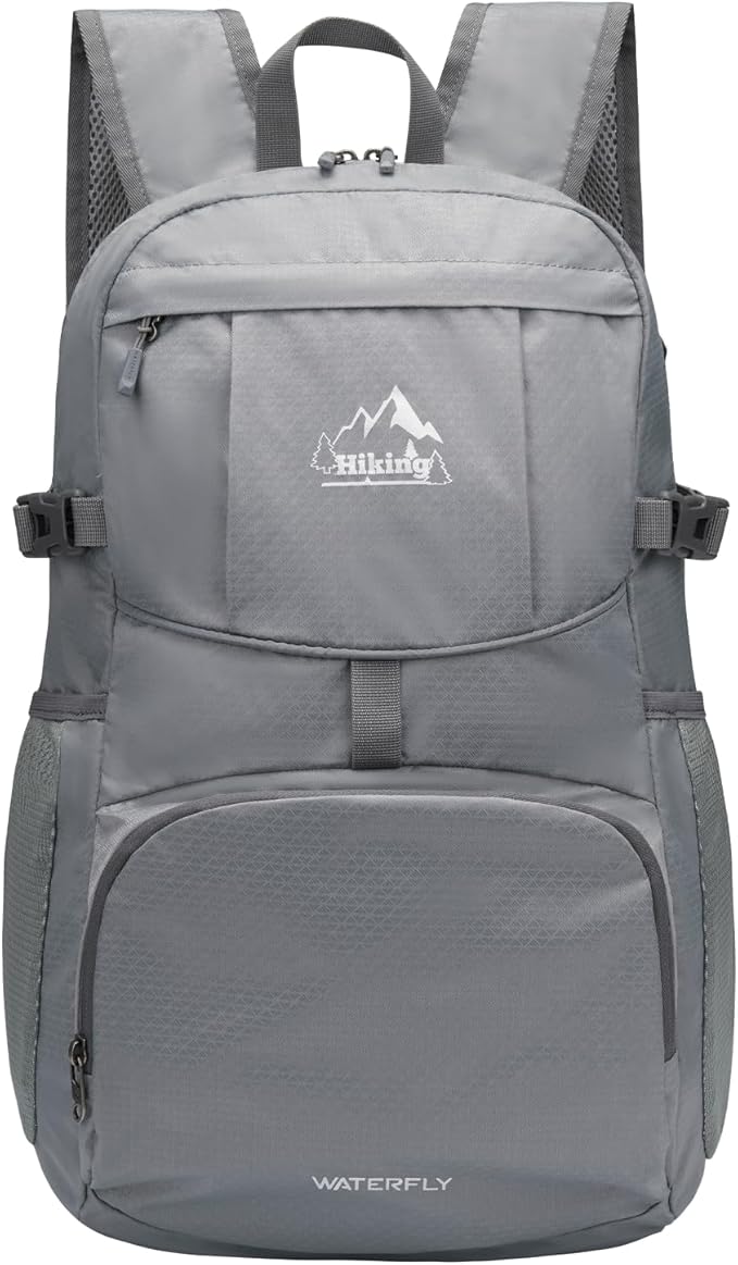 WATERFLY Hiking Packable Daypack Backpack: 35L Ultra Lightweight Day Pack for Women Men - Large Foldable Back Pack for Outdoor Sport Cycling Camping Travel Trip - Gray